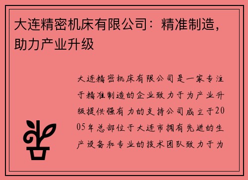 大连精密机床有限公司：精准制造，助力产业升级